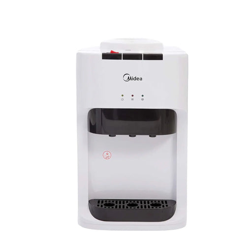 White and black Midea water dispenser on a white background