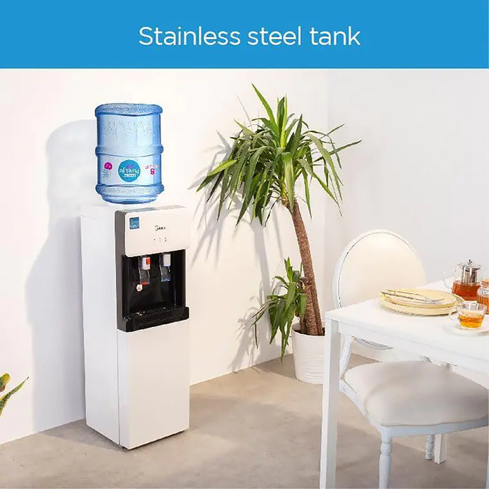 White water dispenser with a blue water tank on a white background