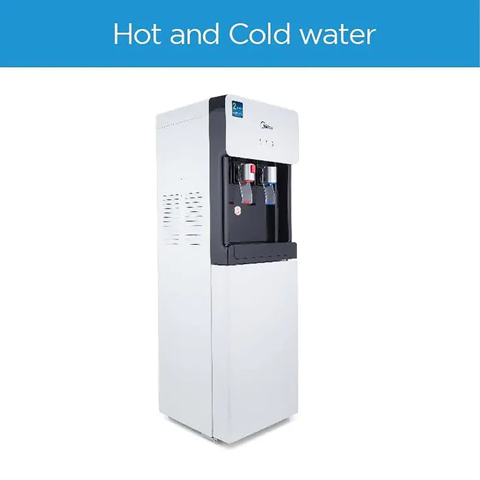White water dispenser with hot and cold water options on a white background