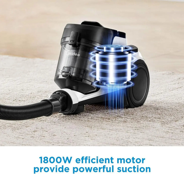 Midea Vacuum Cleaner 1800W Bagless Canister 2L Dust Capacity With HEPA Filter| Easy Emptying| 200W Suction power| Washable Filter For Pet Hair| Carpet| Tile| Hard Floor| White - MC08MEWH EROS