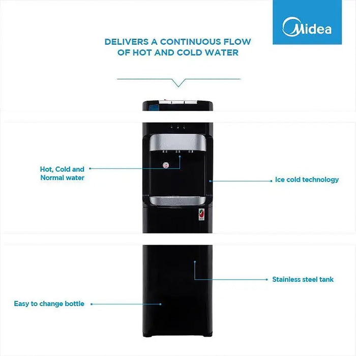 Midea Water Dispenser | Bottom Loading | Hot, Cold, and Ambient Temperature | Ice Cold Technology | Empty Bottle Indicator | Floor Standing | Child Safety Lock | Best for Home, Office & Pantry | Color: Black | Model: YL1633S EROS