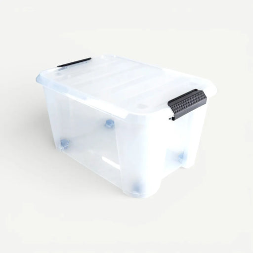 Clear plastic storage box with a lid on a white background