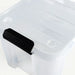 Clear plastic storage container with a black latch on a white background