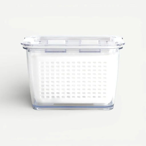 Clear plastic storage container with lid on a white background