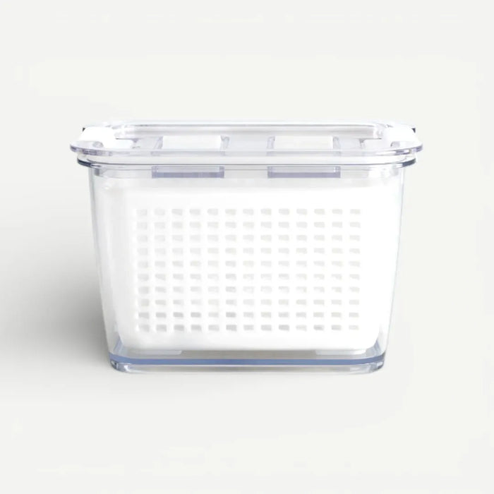 Clear plastic storage container with lid on a white background