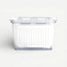 Clear plastic storage container with lid on a white background