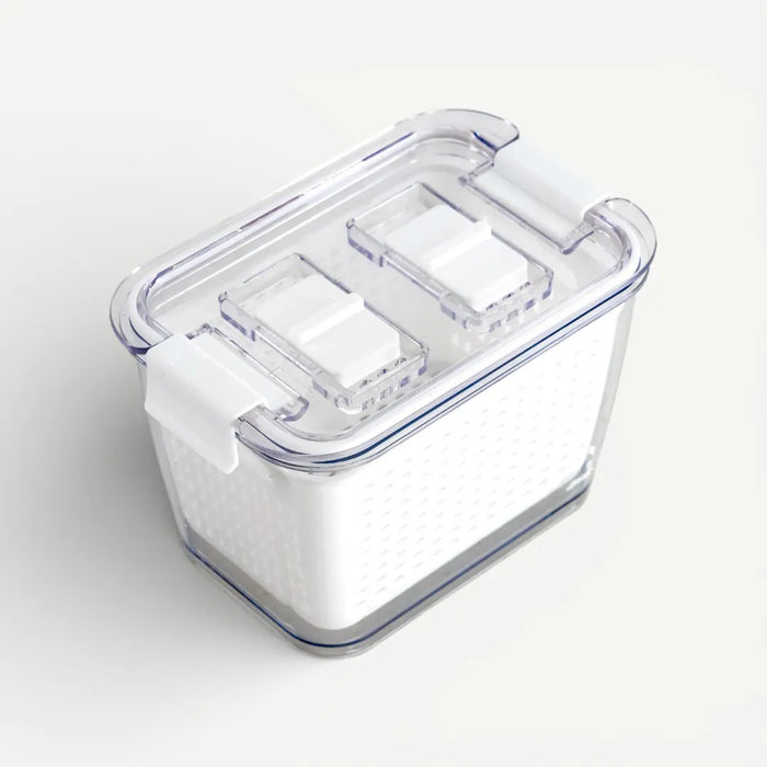 Clear plastic container with a lid on a white background