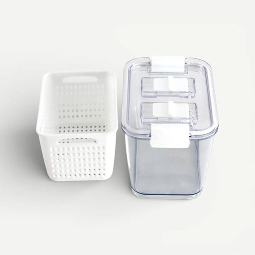 Clear plastic container with a lid on a white background