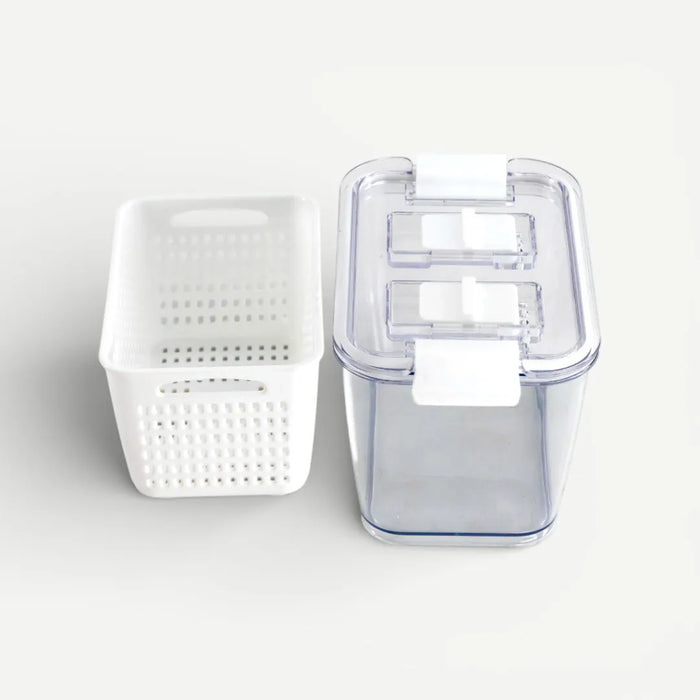 Clear plastic container with a lid on a white background