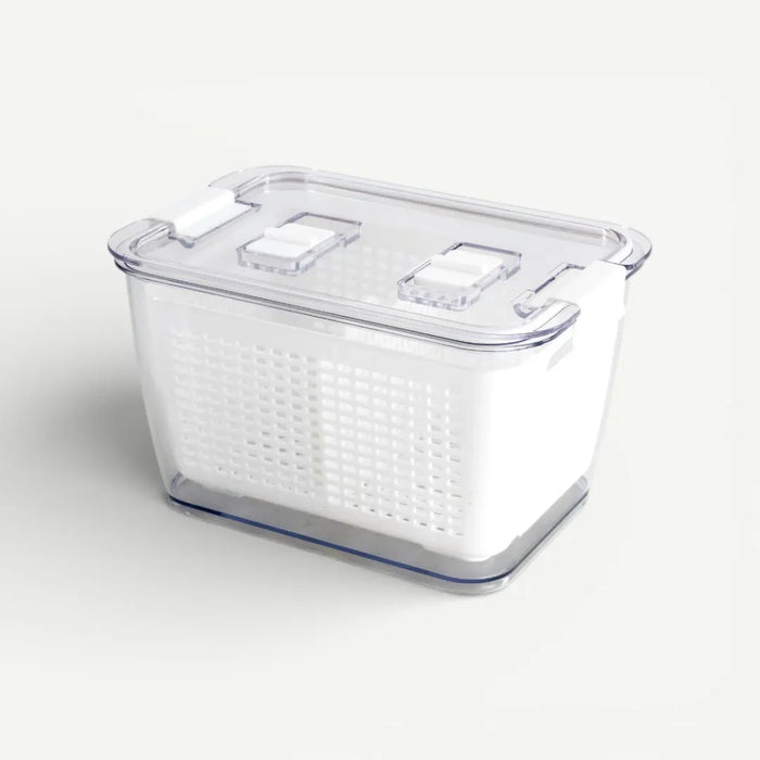 Clear plastic container with a lid on a white background