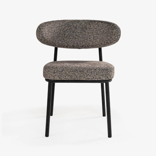 Chair with gray textured upholstery and black legs on a white background