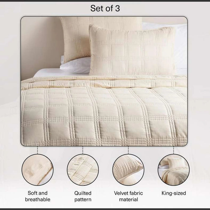 Cecilia 3-Piece Velvet King Bedspread Set 220X240Cm - Beige