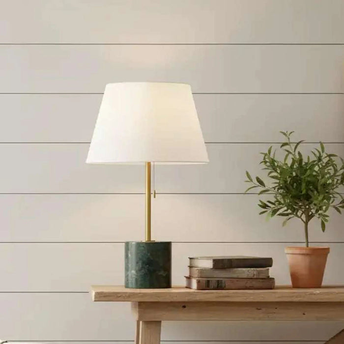 Mermax E27 Marble Base Table Lamp With Pull Switch 33X59Cm - Satin Brass/Green Pan Home