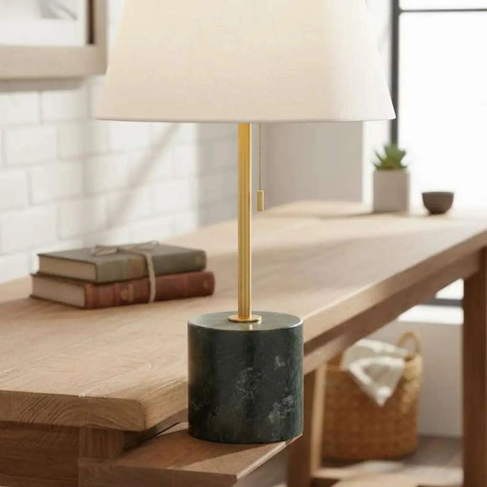 Mermax E27 Marble Base Table Lamp With Pull Switch 33X59Cm - Satin Brass/Green Pan Home