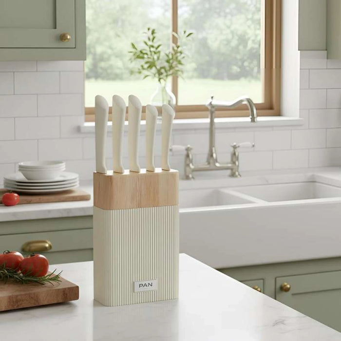 Aidan 5-Piece Knife Block Set - Cream & Chrome