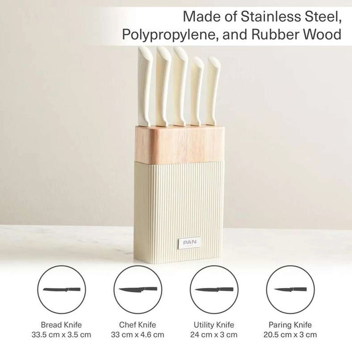 Aidan 5-Piece Knife Block Set - Cream & Chrome