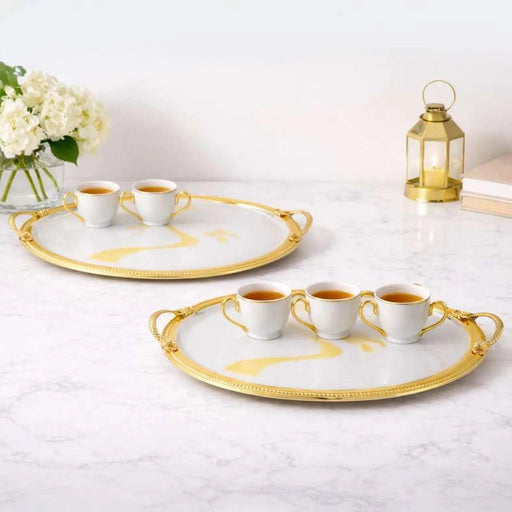 Akiro 2-Piece Oval Serving Tray -Chrome & Gold Pan Home