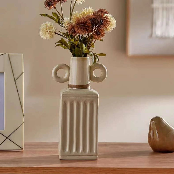 Alaya Ceramic Ribbed Vase With Two Handle 12X8.5X22Cm - Beige