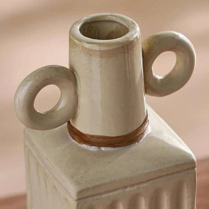 Alaya Ceramic Ribbed Vase With Two Handle 12X8.5X22Cm - Beige