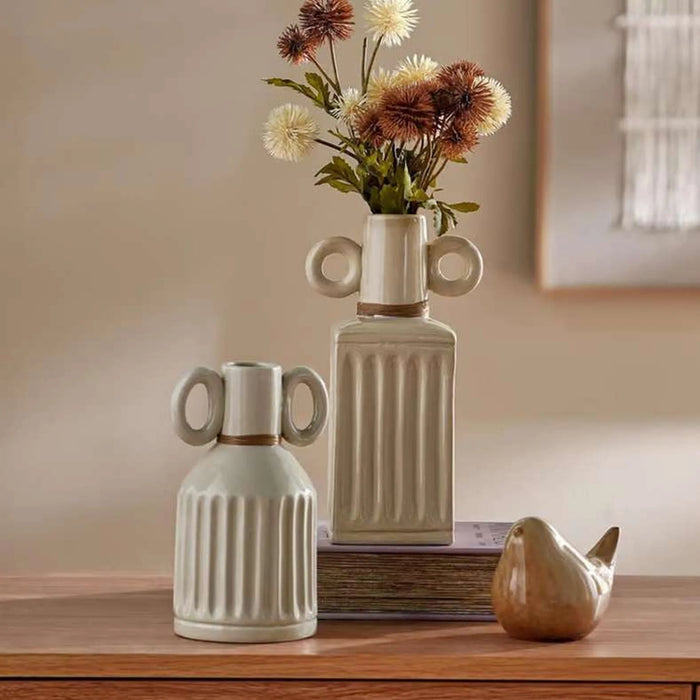 Alaya Ceramic Ribbed Vase With Two Handle 12X8.5X22Cm - Beige