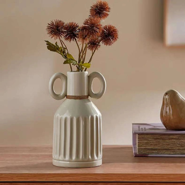 Alaya Ceramic Ribbed Vase With Two Handle 9.3X9.3X17.4Cm - Ivory