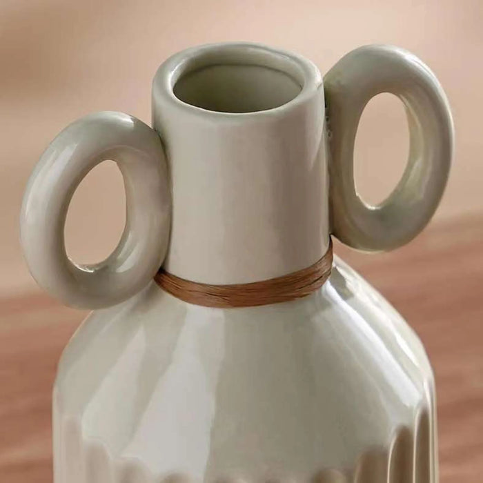 Alaya Ceramic Ribbed Vase With Two Handle 9.3X9.3X17.4Cm - Ivory