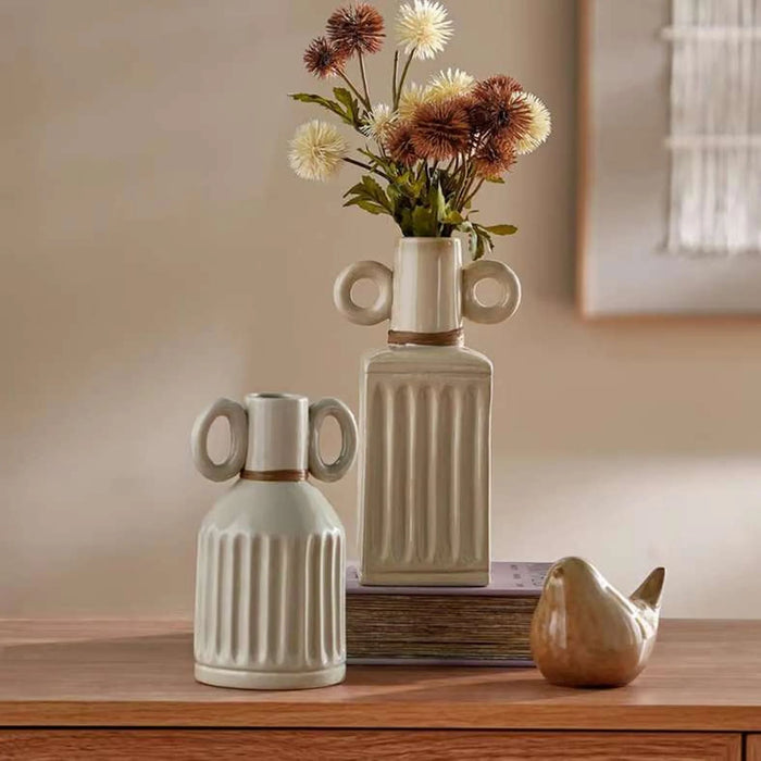 Alaya Ceramic Ribbed Vase With Two Handle 9.3X9.3X17.4Cm - Ivory