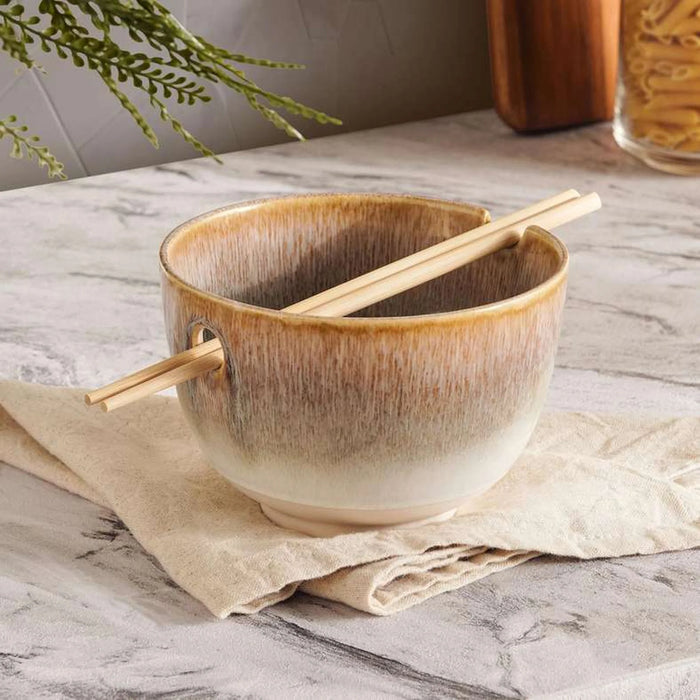 Alisa Stoneware Pasta Bowl With Chopsticks Dia15Cm -Brown