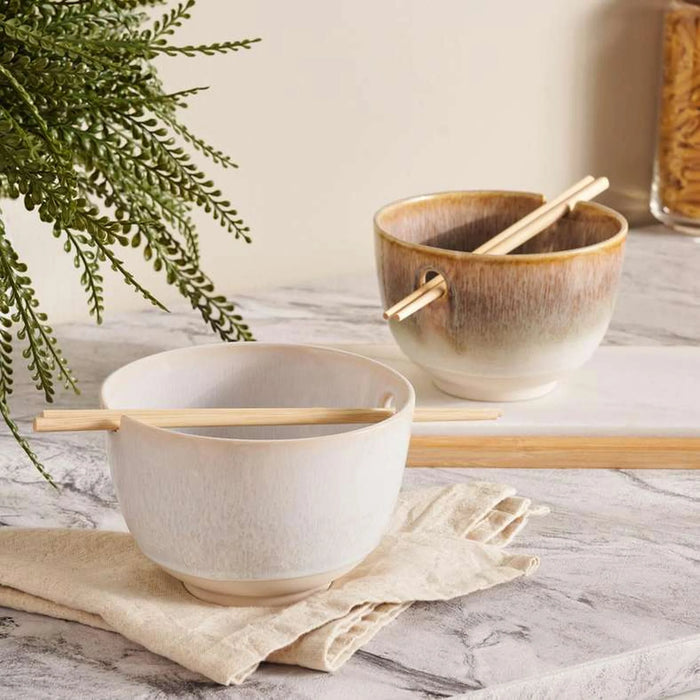 Alisa Stoneware Pasta Bowl With Chopsticks Dia15Cm -Brown