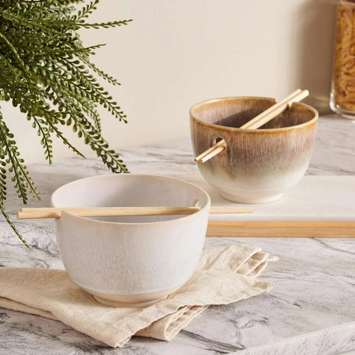 Alisa Stoneware Pasta Bowl With Chopsticks Dia15Cm -Cream