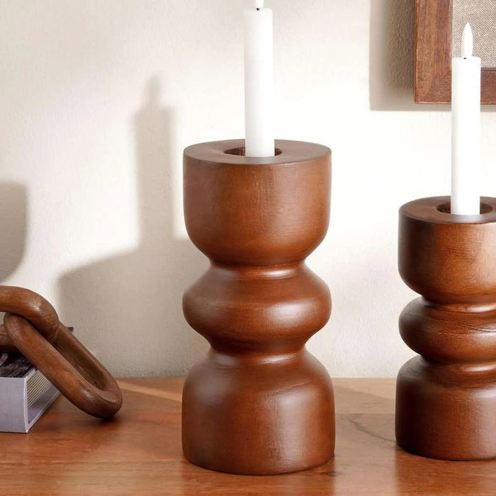 Almond Wooden Taper Candle Holder 10.5X10.5X23Cm - Brown