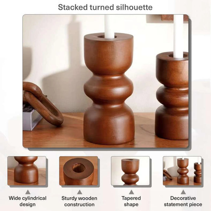 Almond Wooden Taper Candle Holder 10.5X10.5X23Cm - Brown