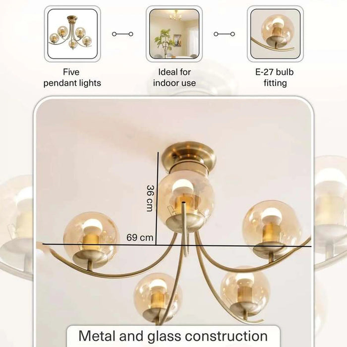 Ambient 5-Lights E-27 Pendant Lamp 69X36Cm - Brass