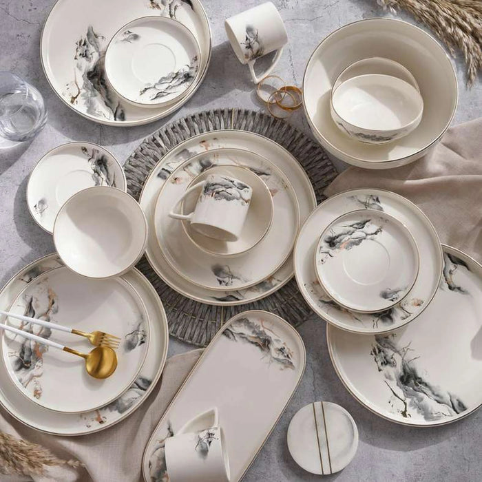 Aolani 32-Piece New Bone China Dinner Set -White & Grey