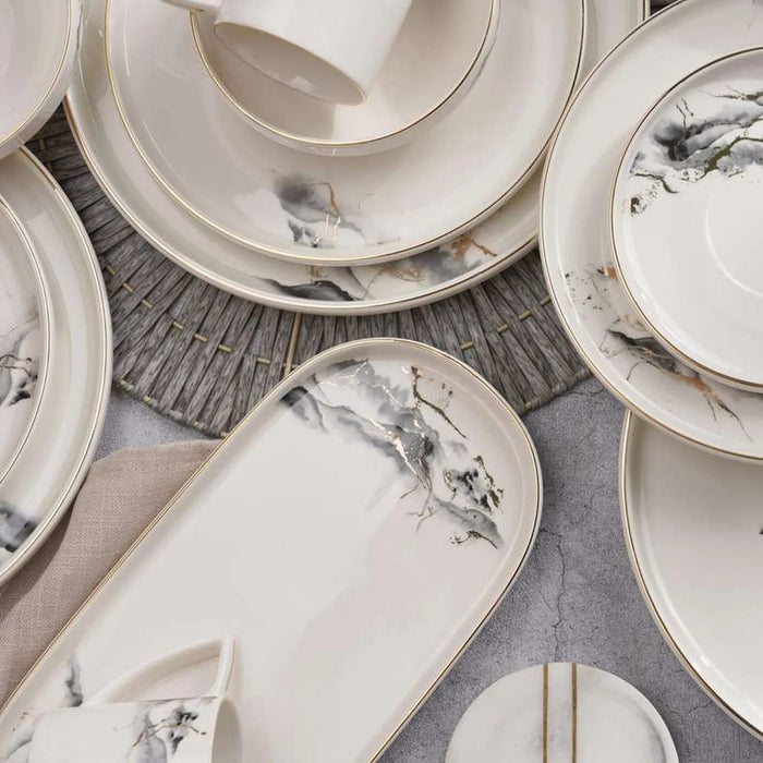 Aolani 32-Piece New Bone China Dinner Set -White & Grey