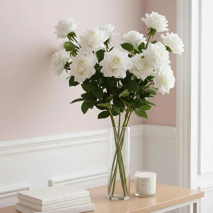 Artificial Real Touch  Rose Stem Flower H63Cm - White