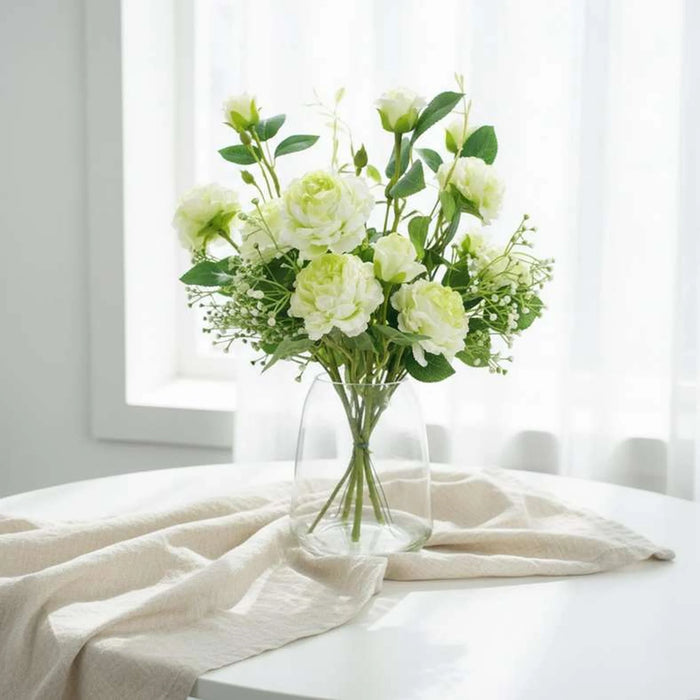Artificial Rose Bouquet In Glass Vase H43Cm - Green