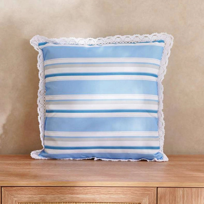 Axis Stripe Printed Water Repellant Lace Trimmed Outdoor Filled Cushion 45X45Cm - Blue Pan Home