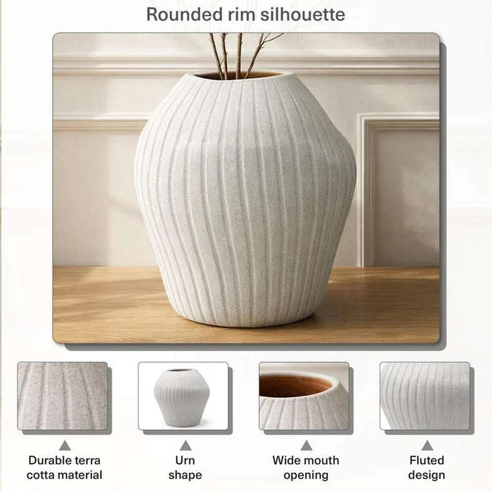 Ayana Terraotta Vase With Ribbed Design 30.5X30.5X34Cm - White