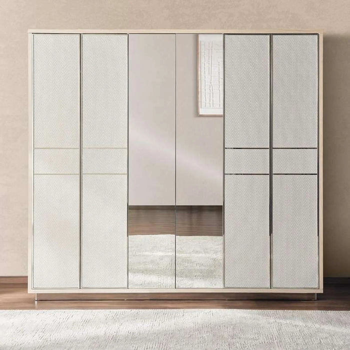 Azulite 6 Door Wardrobe With Mirror - Beige