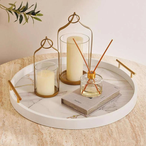 Berg Marble Design Decor Wooden Tray 50Cm Round - White Pan Home