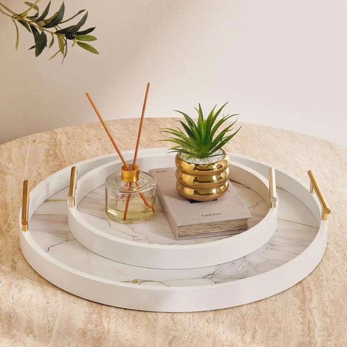 Berg Marble Design Decor Wooden Tray 50Cm Round - White Pan Home
