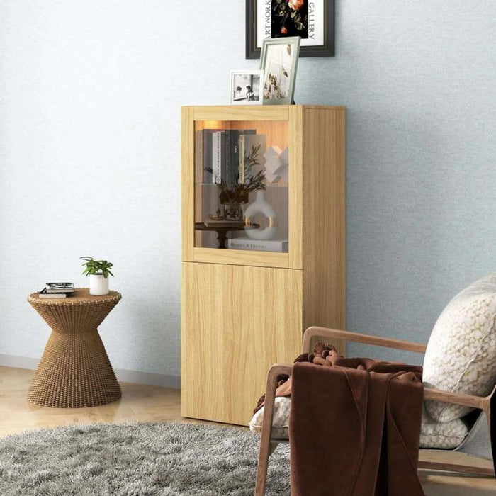 Bestah Entertainment Unit Low Storage Combination With Glass Doors + Led Light - Natural