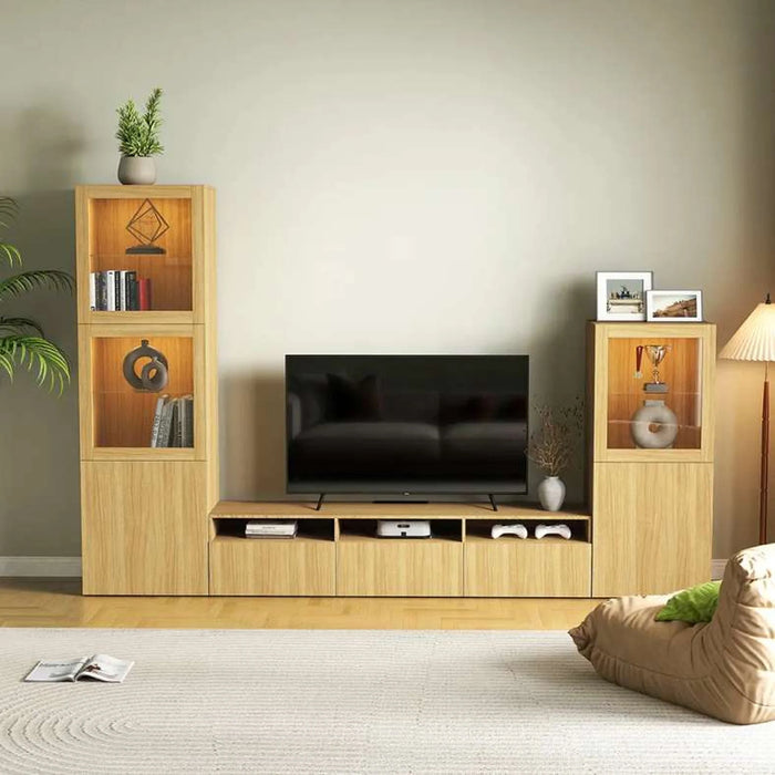 Bestah Entertainment Unit Low Storage Combination With Glass Doors + Led Light - Natural