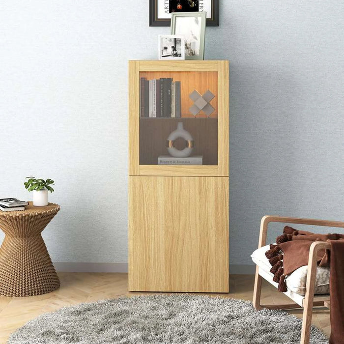 Bestah Entertainment Unit Low Storage Combination With Glass Doors + Led Light - Natural