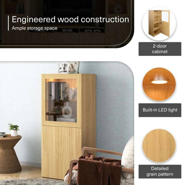 Bestah Entertainment Unit Low Storage Combination With Glass Doors + Led Light - Natural