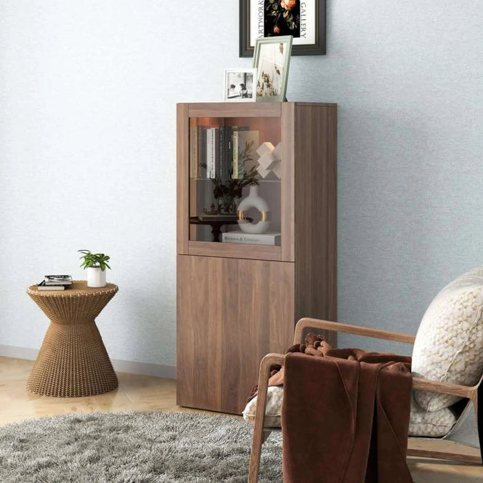 Bestah Entertainment Unit Low Storage Combination With Glass Doors + Led Light - Walnut