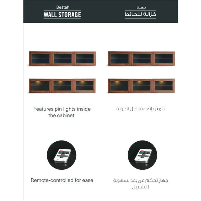 Bestah Entertainment Unit Wall Storage Combination With Glass Doors + Led Light - Walnut