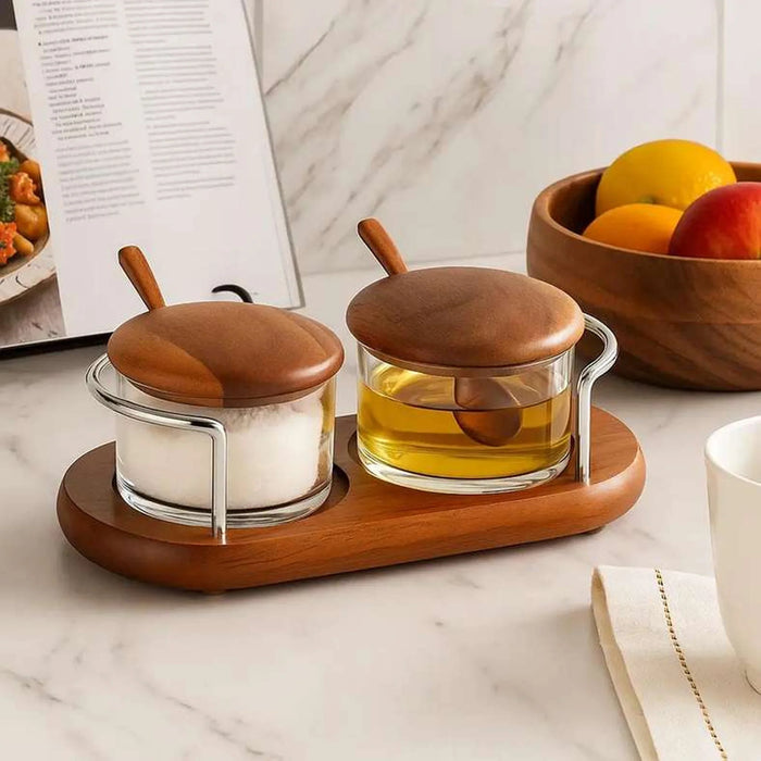 Billi 2-Piece Glass Condiment Jar Set W/Lid & Spoon & Stand 28X16X10.5Cm - Natural