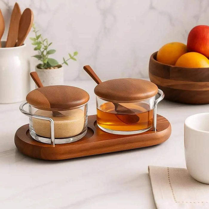Billi 2-Piece Glass Condiment Jar Set W/Lid & Spoon & Stand 28X16X10.5Cm - Natural
